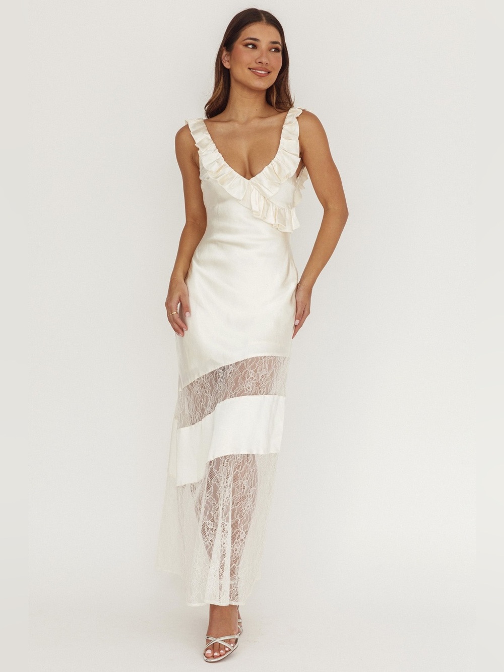 Alba Frill & Lace Trim Maxi Dress - Oyster